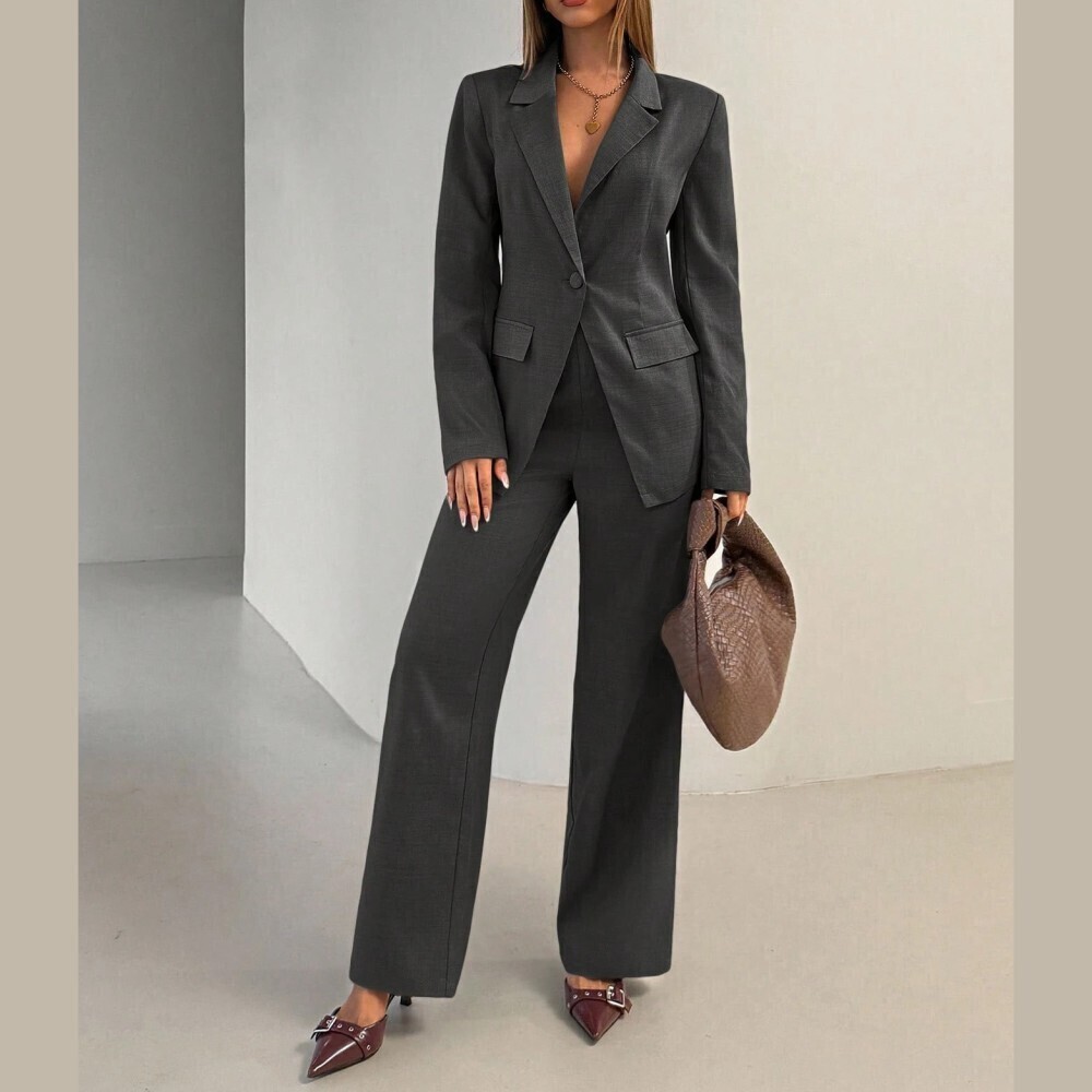 Charcoal Gray Woven Notch Lapel Blazer and Wide Leg Pants Set